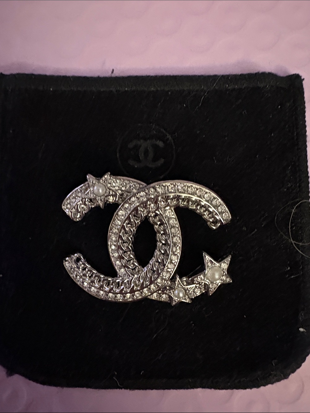 Chanel Silver-Tone Crystal CC Logo Brooch with Star and Pearl Accents